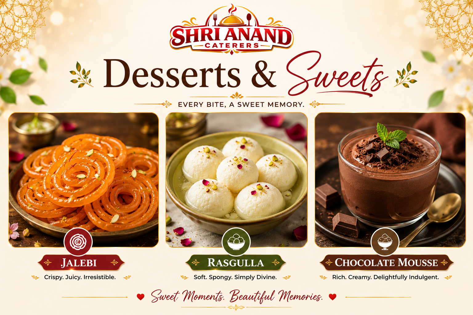 Desserts & Sweets - Jalebi, Rasgulla, Chocolate Mousse