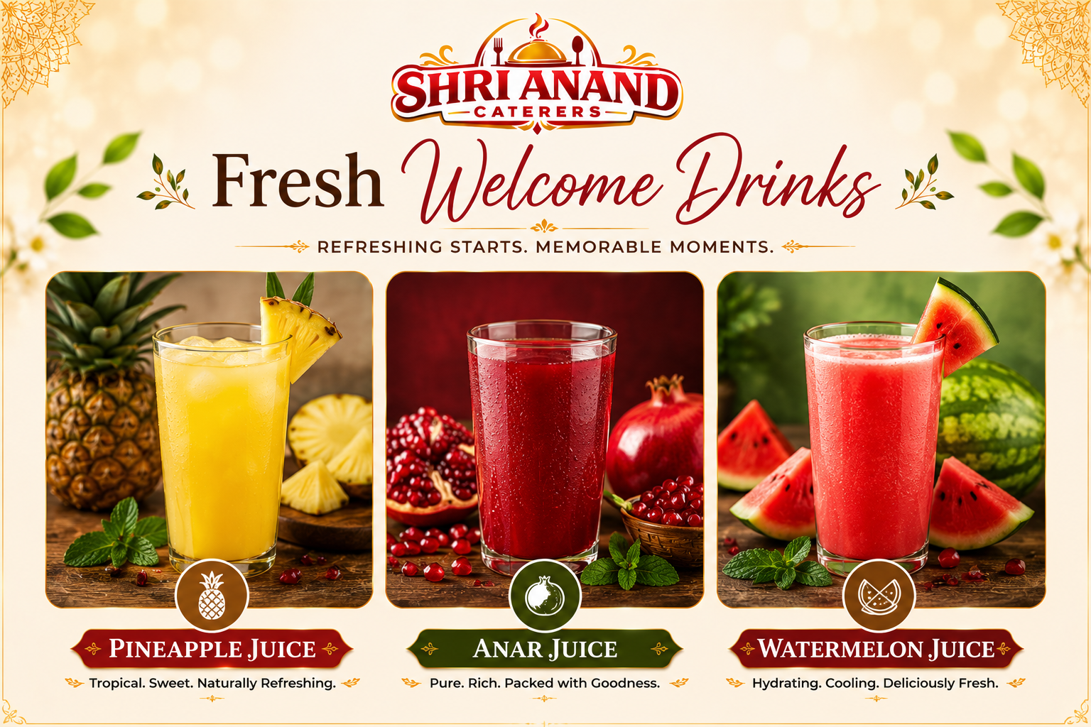 Fresh Welcome Drinks - Pineapple Juice, Anar Juice, Watermelon Juice