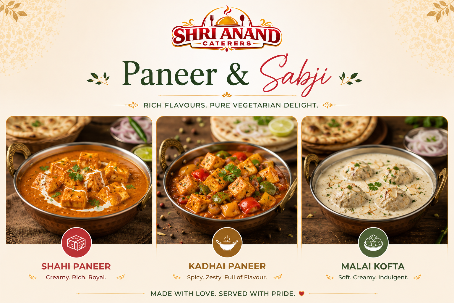 Paneer & Sabji - Shahi Paneer, Kadhai Paneer, Malai Kofta