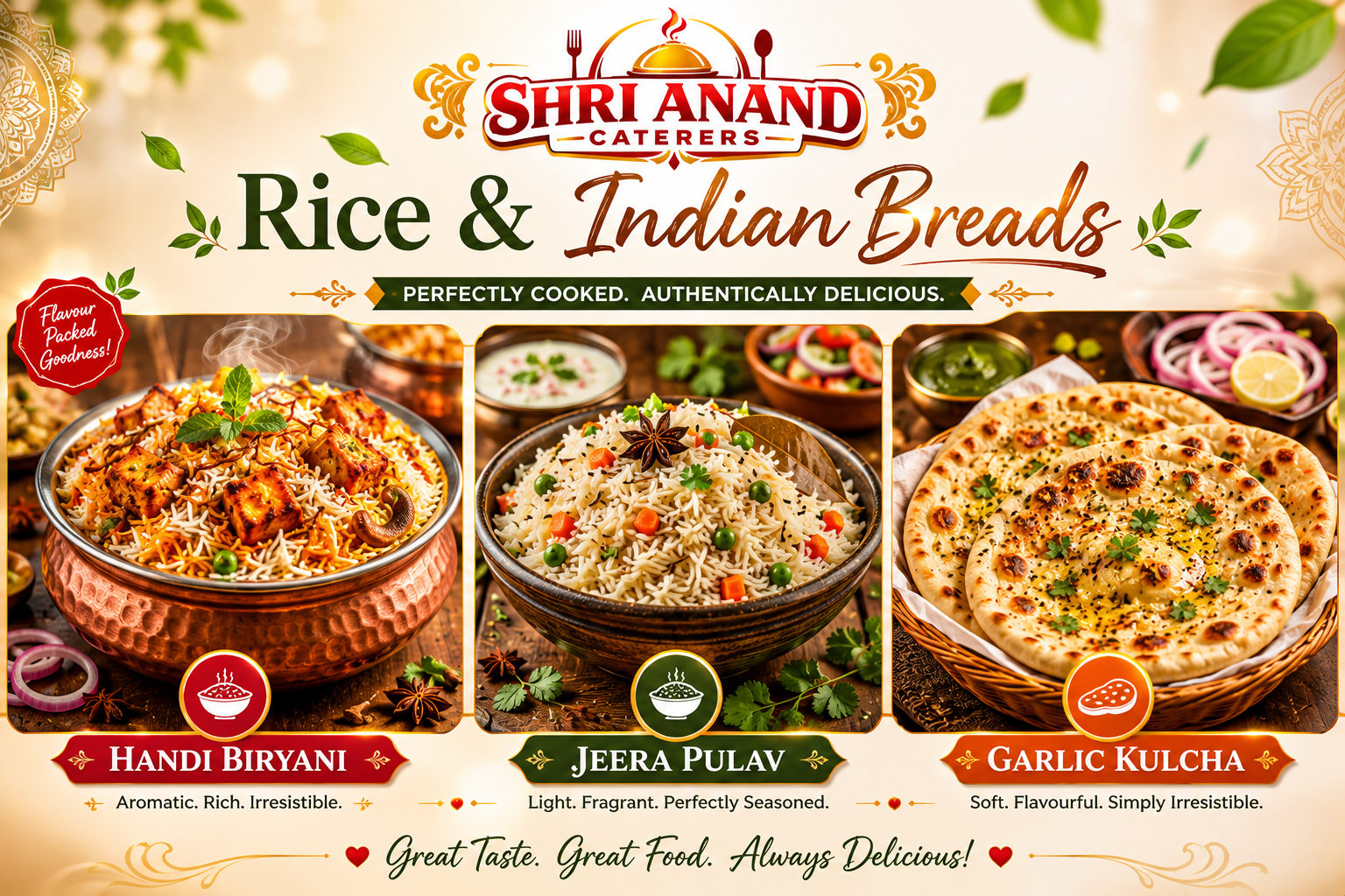 Rice & Indian Breads - Handi Biryani, Jeera Pulav, Garlic Kulcha